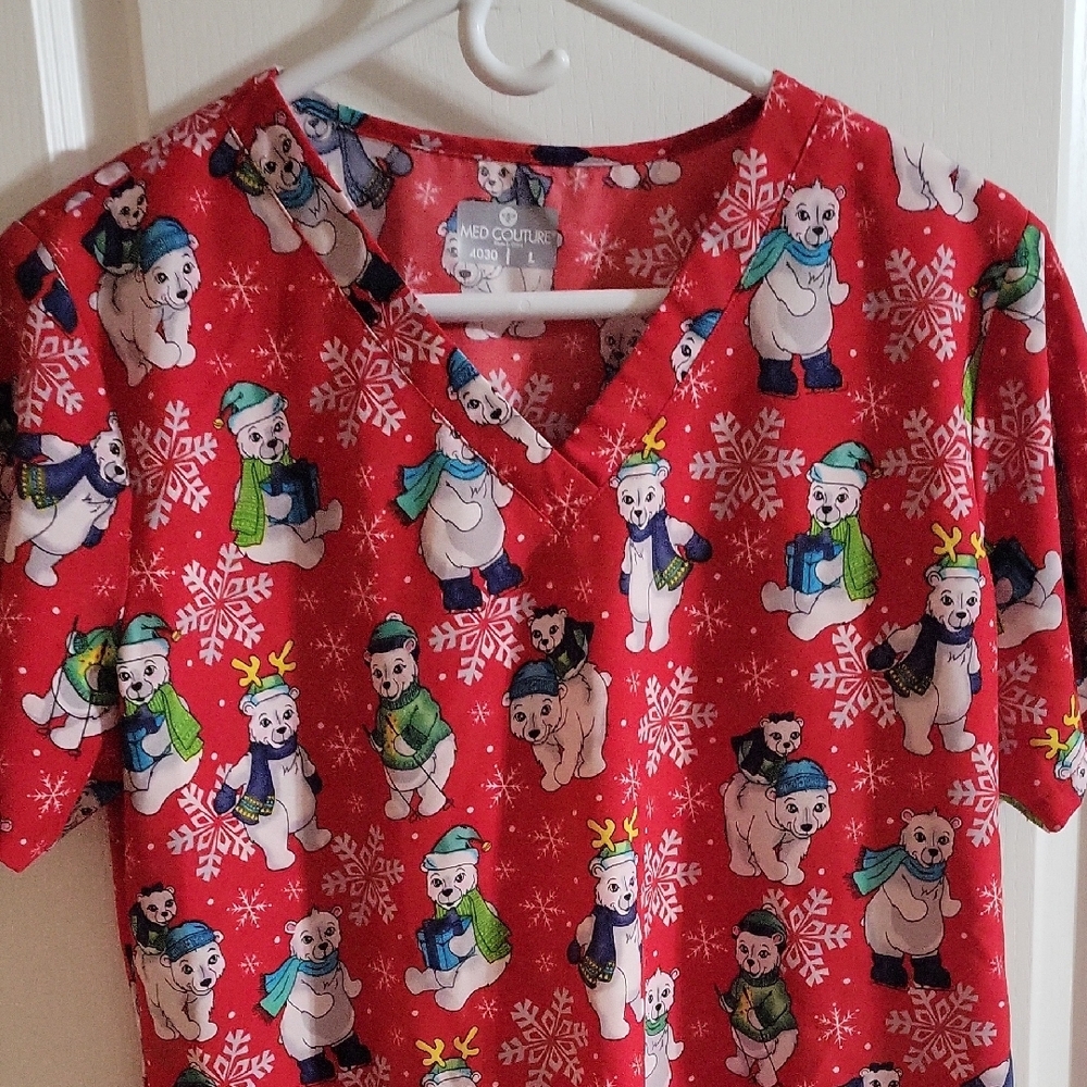 Red Holiday Scrub Top with Polar Bear Print